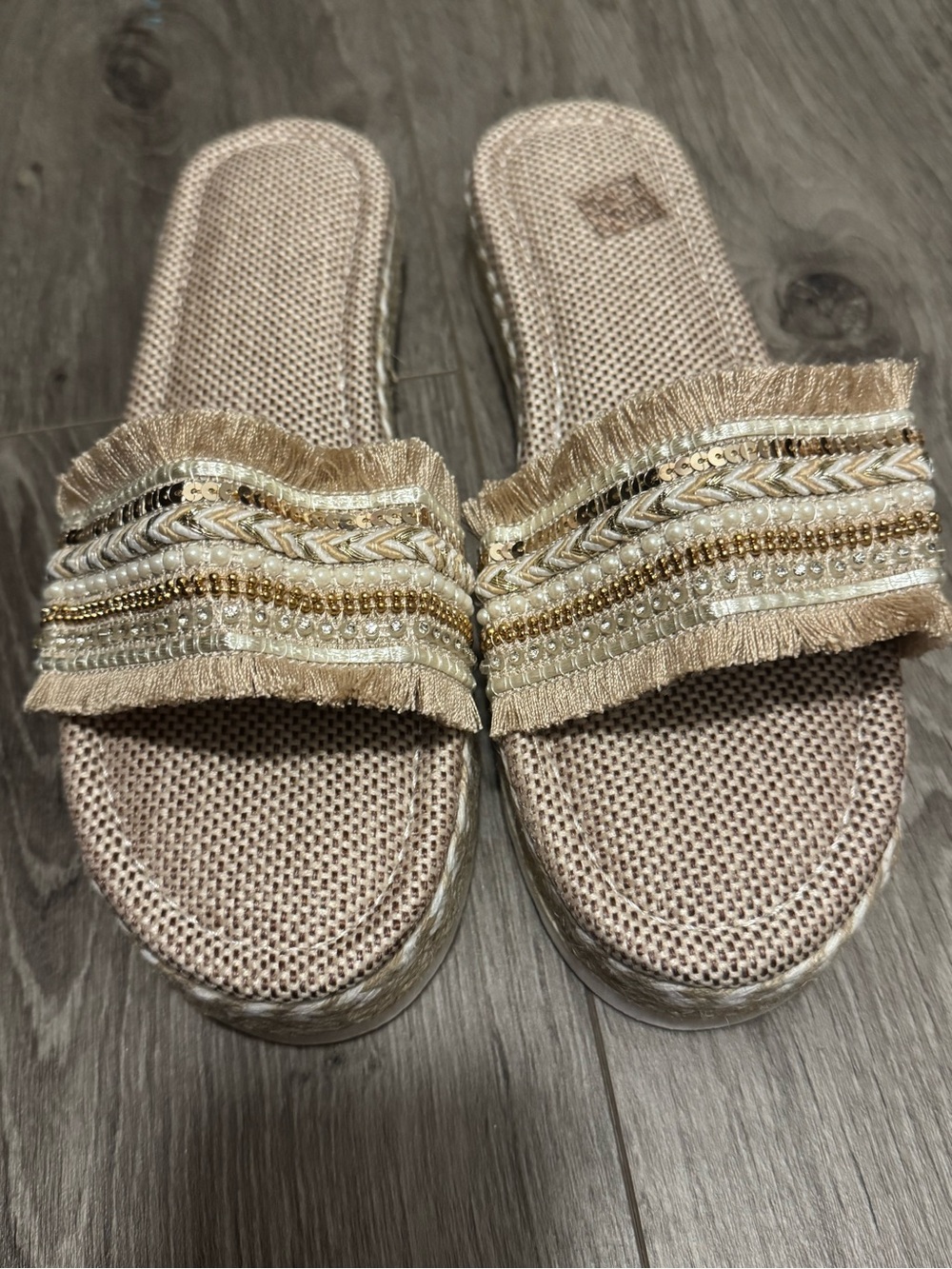 Fringed Beaded Slide Mules in Beige/Gold